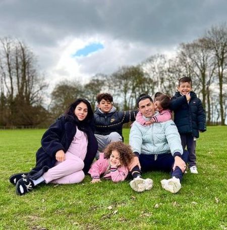 Cristiano Ronaldo with Georgina Rodriguez and their kids: Cristiano Ronaldo Jr, Alana Martina, Eva Maria Dos Santos, and Mateo Ronaldo.